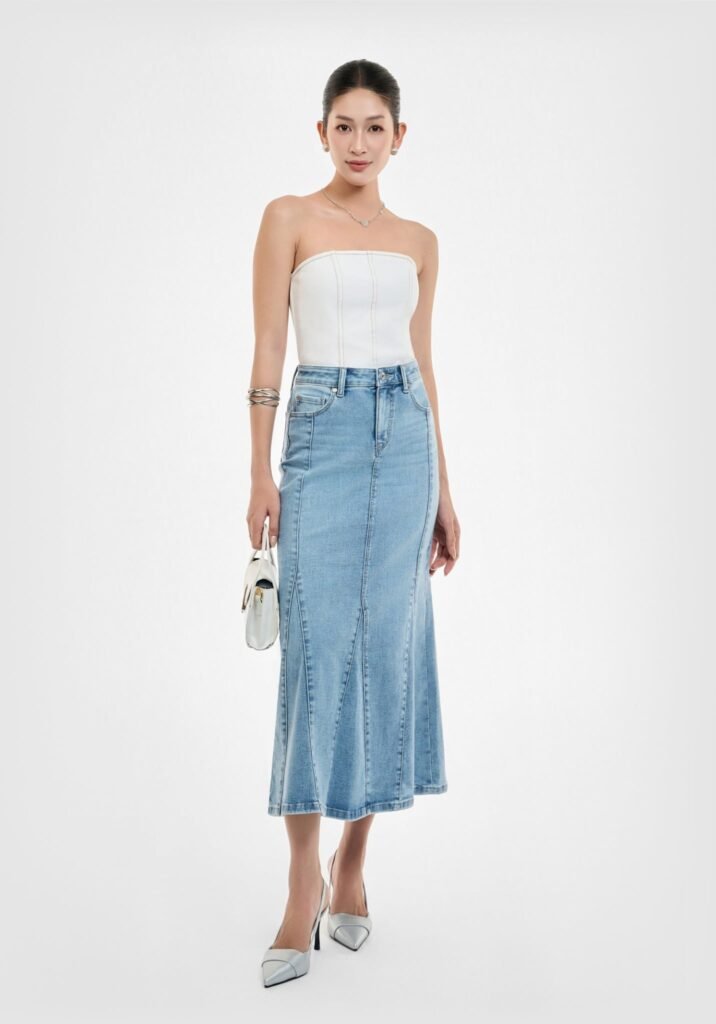 VÁY DENIM MIDI LIGHT BLUE  FORM ĐUÔI CÁ
