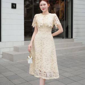 Váy ren midi cổ nơ dáng ôm thanh lịch