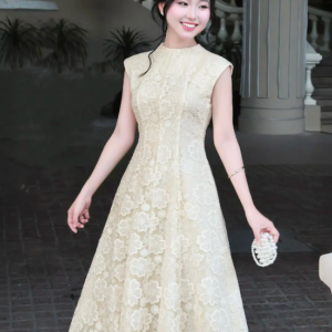 Váy midi ren hoa cổ cao thanh lịch