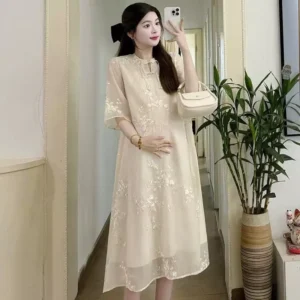 Váy Suông Đầm Bầu DỰ TIỆC Thiết Kế TƠ THÊU HAI LỚP TAY LỠ