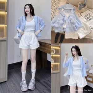 Set 3 Món - Áo 2 Dây Phối Sơ Mi Dài Tay Sọc Kẻ Xanh Có Mũ