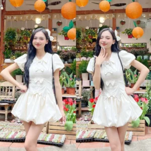 Váy bồng xoè dáng bí thường mặc dáng ngắn đính nơ tay bồng kèm quần bảo hộ