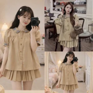Set Áo Babydoll Kaki Cổ Sen 2 Lớp Kèm Chân Váy Xòe Xếp Ly Phong Cách Tiểu