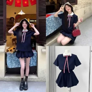 Set bộ xanh than áo sơ mi cổ sen kèm nơ Thome kèm chân váy