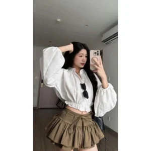 Set Áo Sơ Mi Dáng Croptop Tay Bồng Chun Dưới Kèm Chân Váy Dáng Xoè