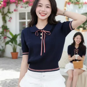 Áo Len Nữ Cổ V Polo Thắt Nơ Dáng Croptop Thu Eo Dáng Xinh