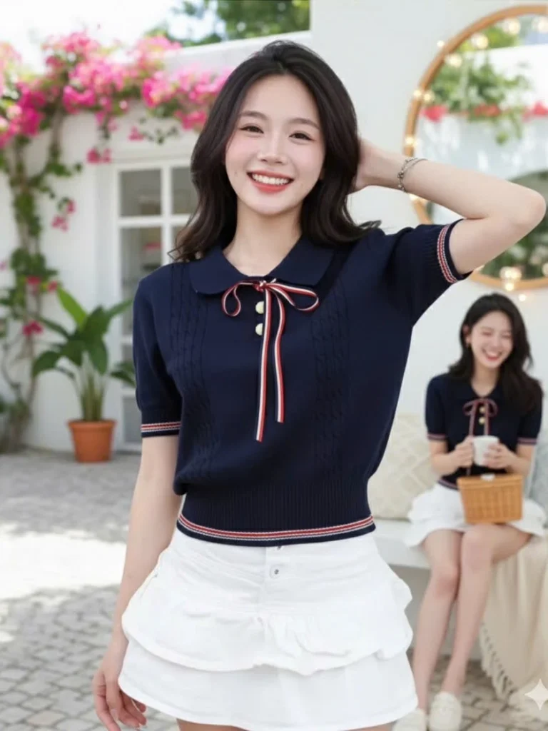 Áo Len Nữ Cổ V Polo Thắt Nơ Dáng Croptop Thu Eo Dáng Xinh