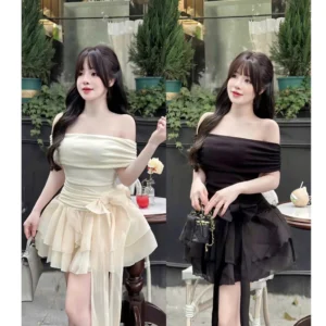 Đầm Trễ Vai Váy Tầng Phối Nơ Nữ Tôn Dáng